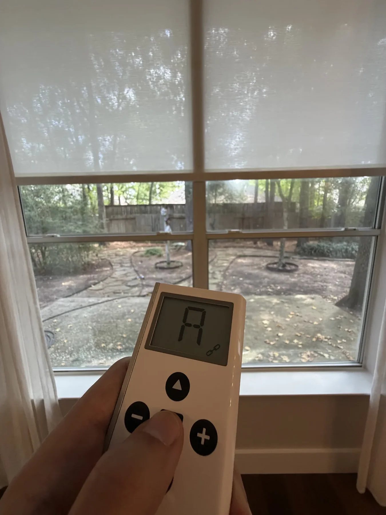 Hand holding a remote control operating a motorized roller shade over a backyard window in Houston, TX