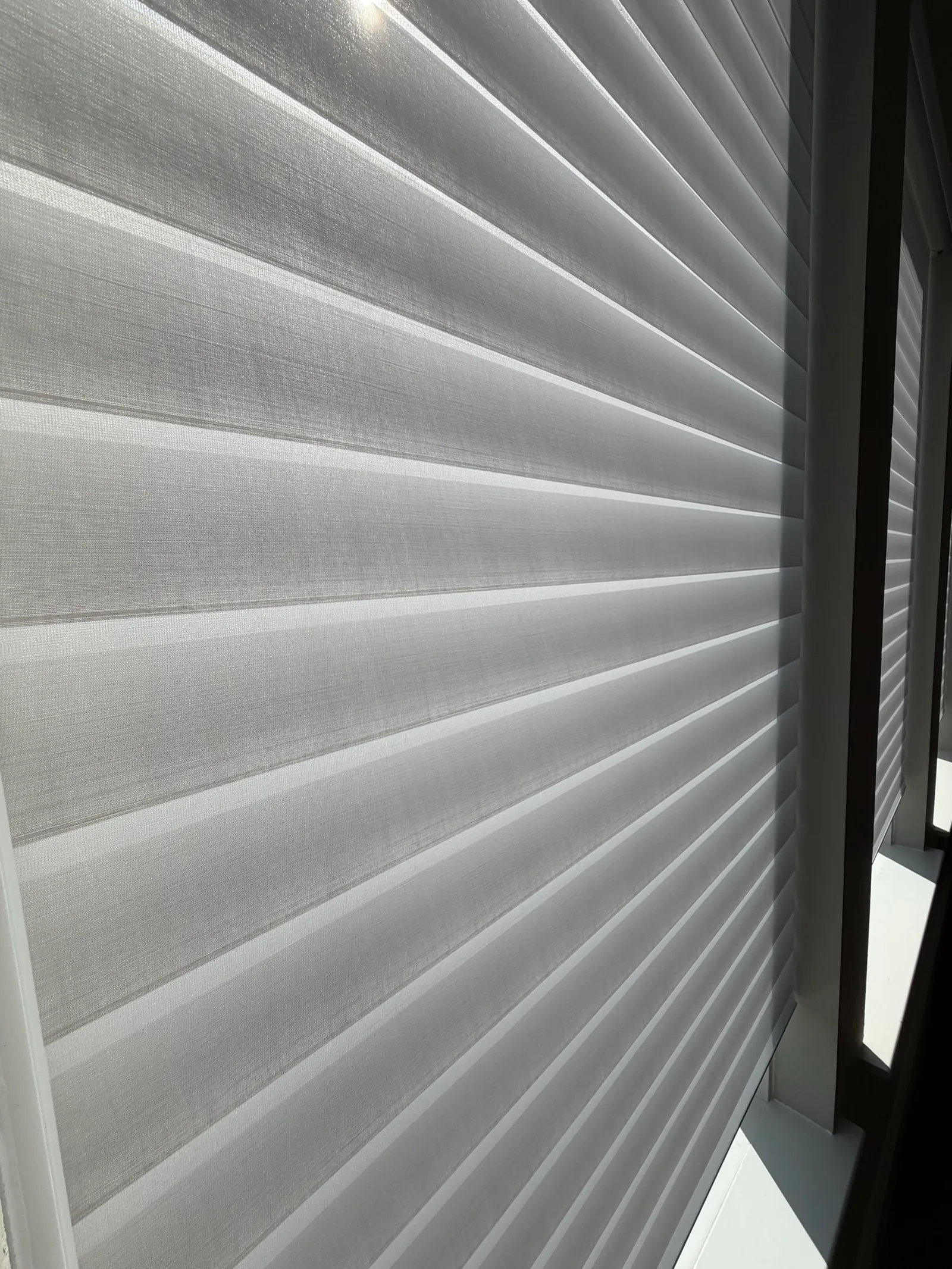Close-up of white horizontal fabric vanes between sheer fabric layers.