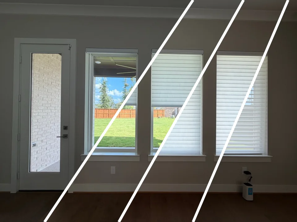 Four operating positions of three white motorized sheer shades beside a patio door.