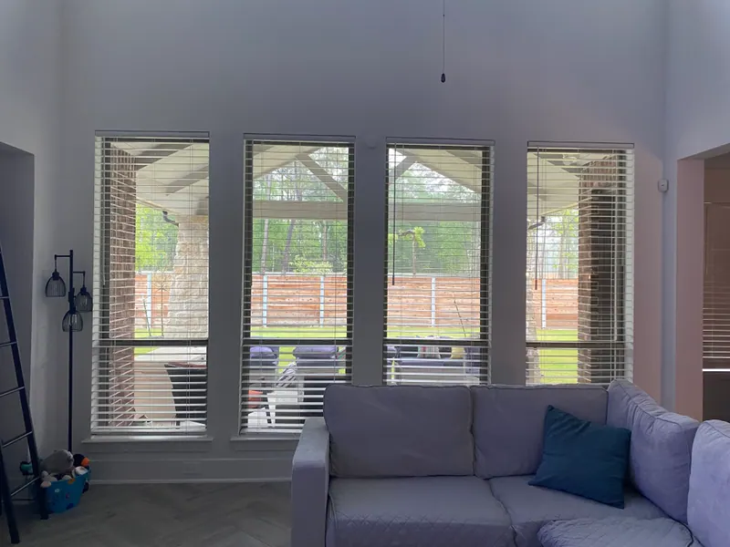 White faux wood blinds on living-room windows.
