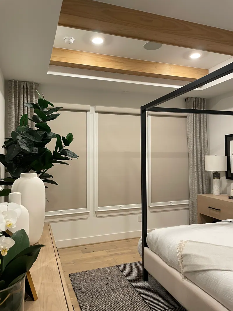 Roller shade in a main bedroom.