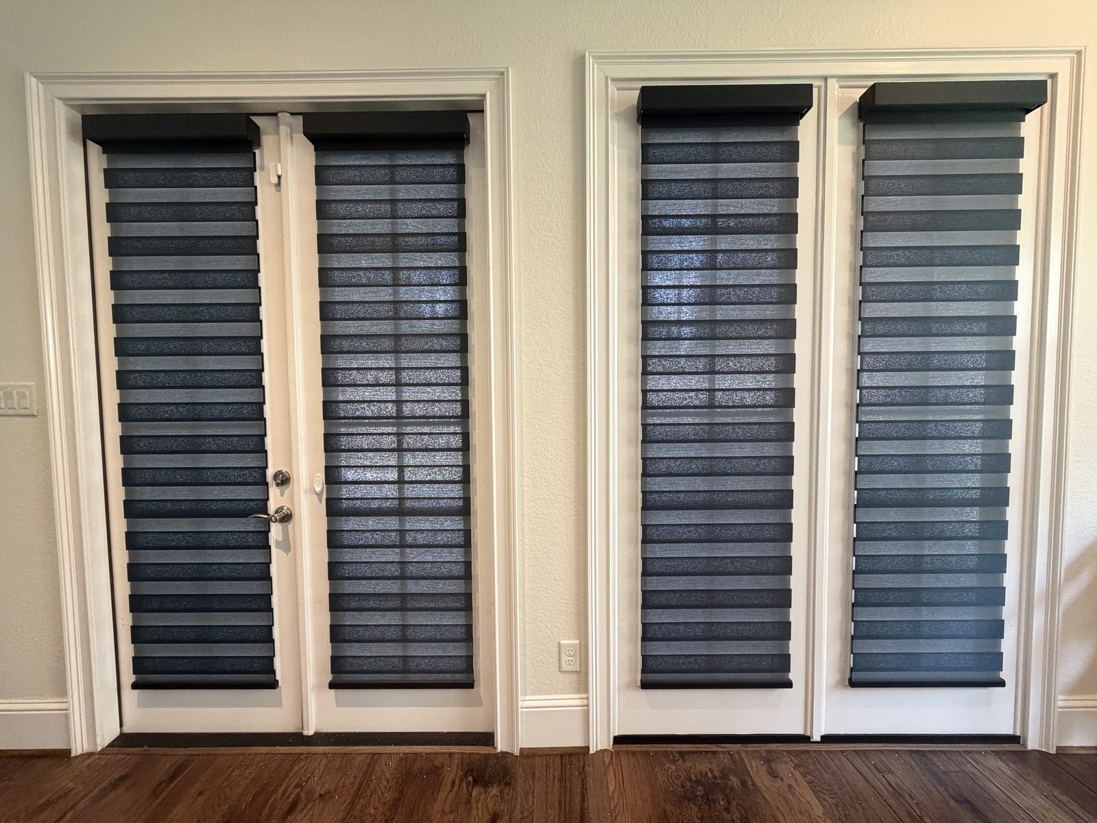 Zebra shades installed on French doors in a home in Shenandoah, TX